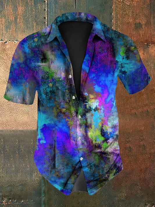 Vintage Blue Colourful Watercolour  Abstract Print Casual Cotton Short Sleeve Shirt