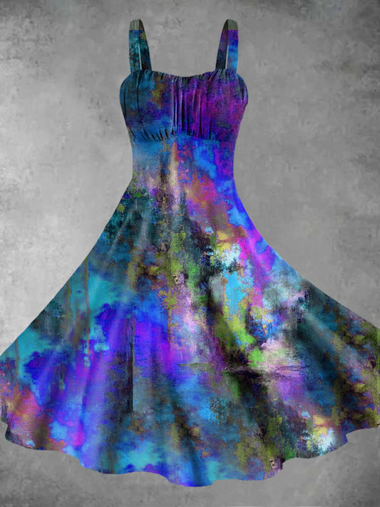 Women's Retro Blue Colourful Watercolour Print Midi Dress