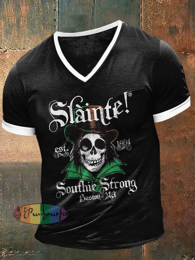 St. Patrick’s Day Skull Print Short Sleeve V-Neck T-Shirt Black / S