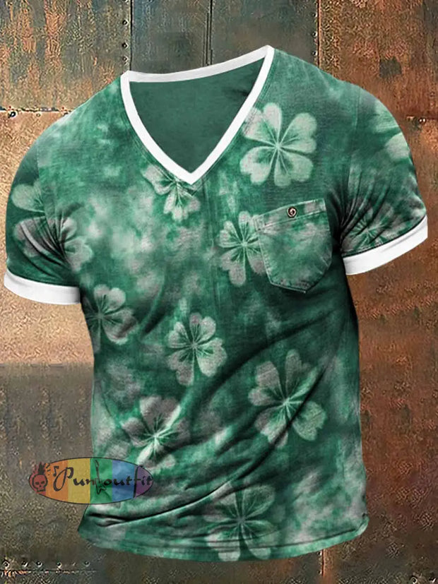 St. Patrick’s Three-leaf Clover Tie-Dye Print Short Sleeve V-Neck T-Shirt Colorful / S