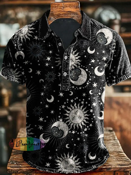 Sun Moon & Stars Printed Casual Polo Shirt As picture / S