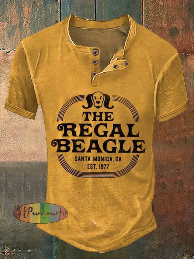 The Regal Beagle Print Henley Neck Short Sleeve T-Shirt Yellow / S