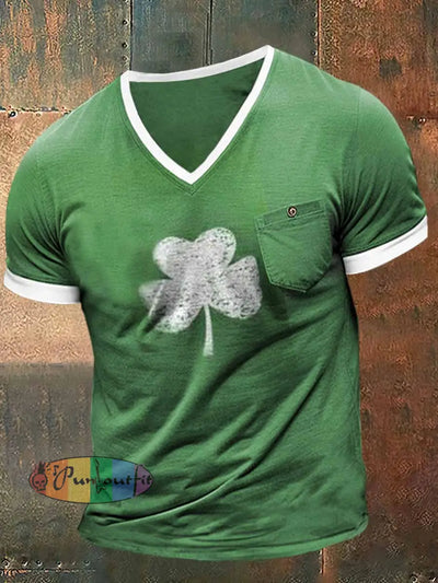 Three-leaf Clover Print Short Sleeve V-Neck T-Shirt Green / S