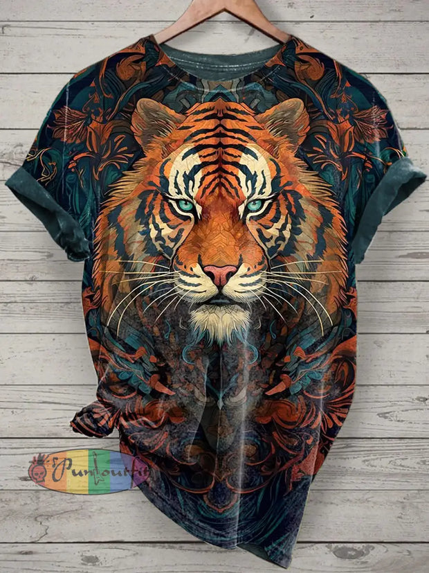 Tiger Printed Vintage Fashion Loose Short Sleeve T-Shirt Dark Green / S