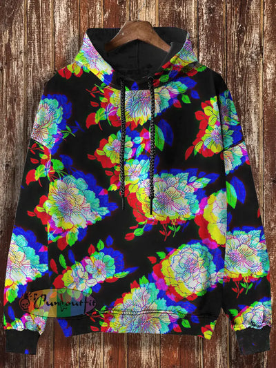 Unisex 3D Colorful Floral Print Halloween Casual Hooded Sweatshirt Black / S