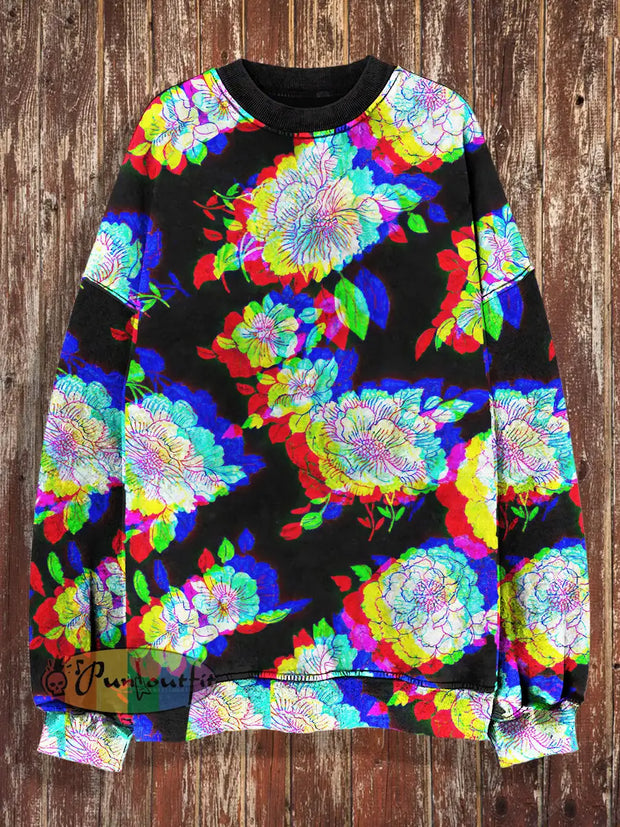 Unisex 3D Colorful Floral Print Halloween Crew Neck Casual Sweatshirt / S