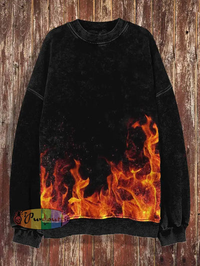 Unisex 3D Fire Print Halloween Crew Neck Casual Sweatshirt Black / S