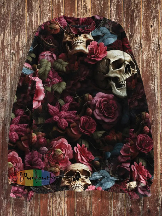 Unisex 3D Floral Skull Print Halloween Crew Neck Casual Sweatshirt Flower Color / S