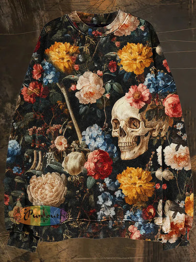 Unisex 3D Flowers And Skull Print Crew Neck Casual Sweatshirt Colorful / S