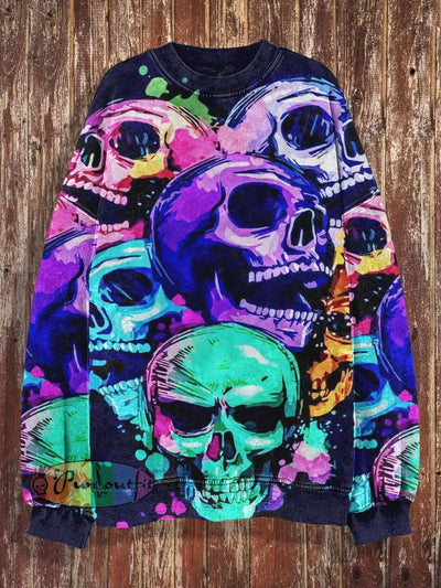 Unisex 3D Happy Skull Print Halloween Crew Neck Casual Sweatshirt Colorful / S