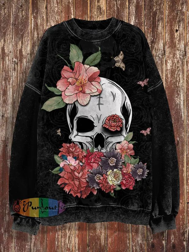 Unisex 3D Skull Floral Print Halloween Crew Neck Casual Sweatshirt Black / S