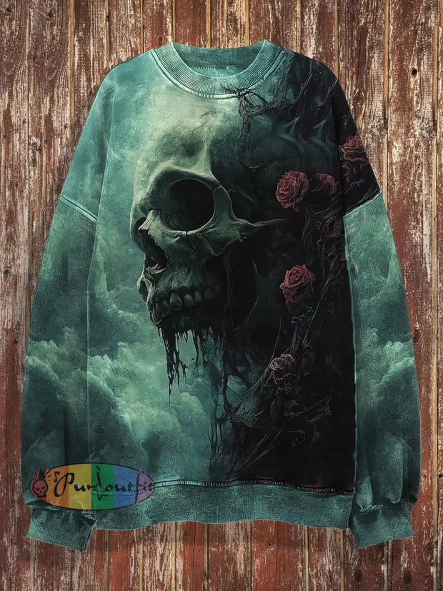 Unisex 3D Skull Rose Print Halloween Crew Neck Casual Sweatshirt Colorful / S