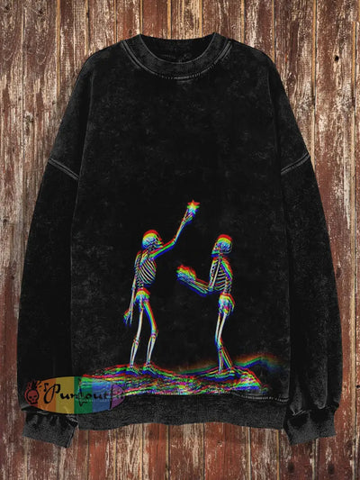 Unisex Abstract 3D Color Skull Print Halloween Crew Neck Casual Sweatshirt Black / S