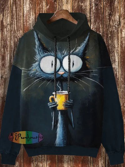 Unisex Abstract Art Cat Print Fashionable Loose Casual Retro Long Sleeved Hooded Sweatshirt Navy