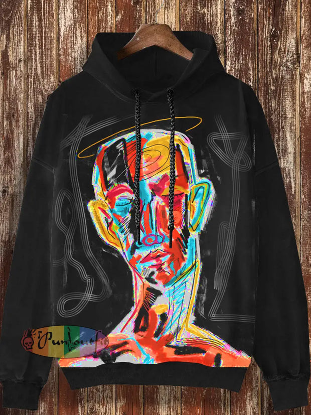 Unisex Abstract Art Print Fashionable Loose Casual Retro Long Sleeved Hooded Sweatshirt Black / 5Xl