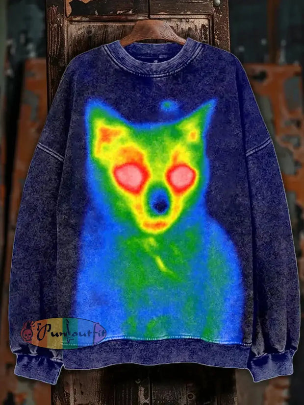 Unisex Abstract Cat Art Illustration Printed Casual Long Sleeve Sweatshirt Colorful / S