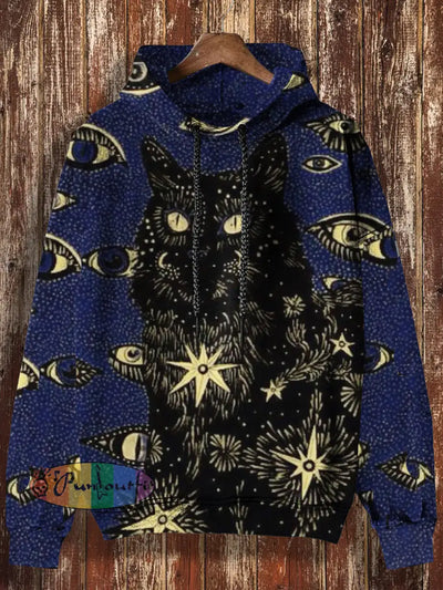 Unisex Abstract Cat Print Halloween Casual Hooded Sweatshirt Blue / S