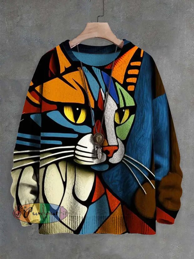 Unisex Abstract Color Block Cat Print Crew Neck Sweater As Picture / S