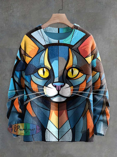 Unisex Abstract Color Block Cat Print Crew Neck Sweater As Picture / S