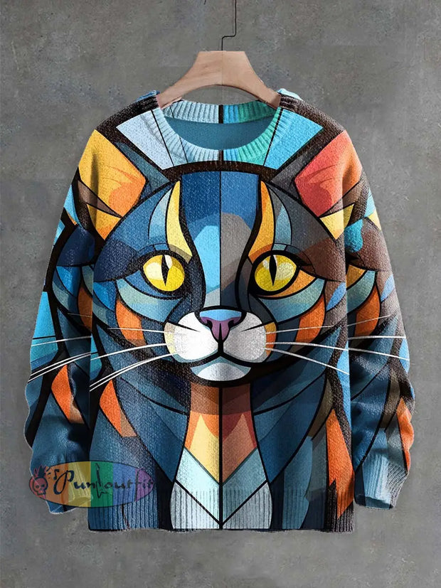 Unisex Abstract Color Block Cat Print Crew Neck Sweater As Picture / S