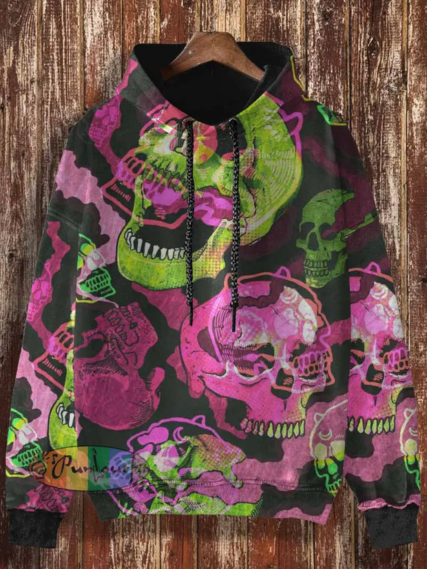 Unisex Abstract Color Skull Print Halloween Casual Hooded Sweatshirt Colorful / S