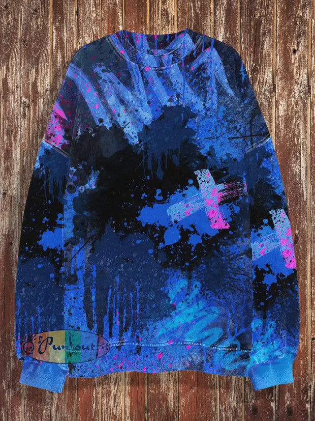 Unisex Abstract Cross Print Halloween Crew Neck Casual Sweatshirt Blue / S