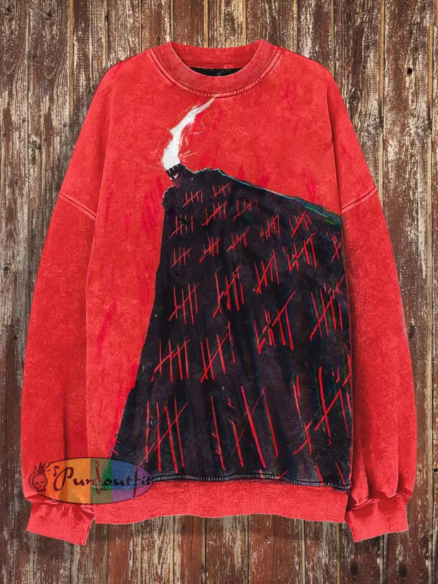 Unisex Abstract House Print Halloween Crew Neck Casual Sweatshirt Red / S