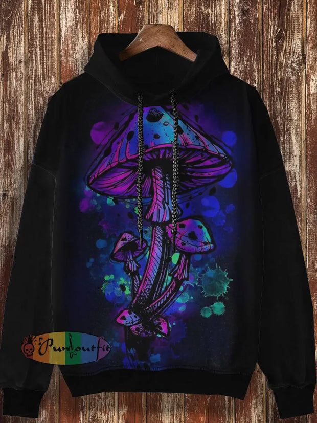 Unisex Abstract Mushroom Cartoon Retro Printed Casual Fashion Long Sleeved Hooded Sweatshirt Black