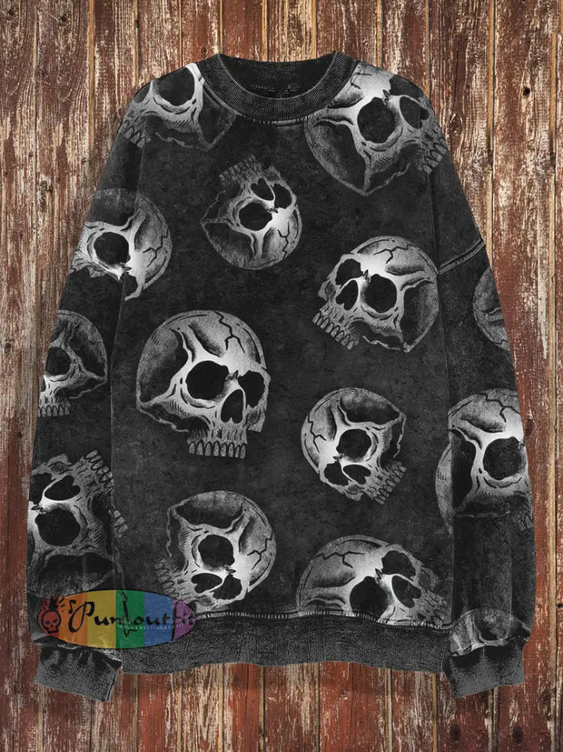 Unisex Abstract Skull Print Halloween Crew Neck Casual Sweatshirt Black / S