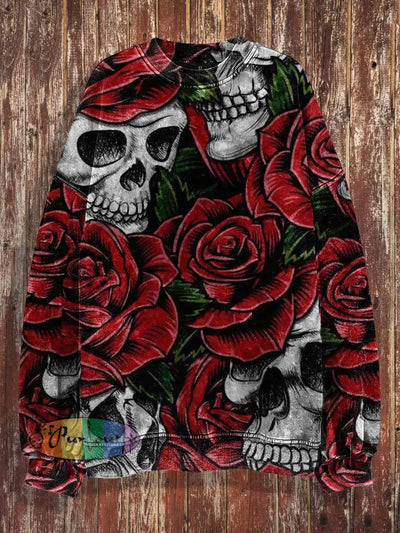 Unisex Abstract Skull Rose Print Halloween Crew Neck Casual Sweatshirt Red / S