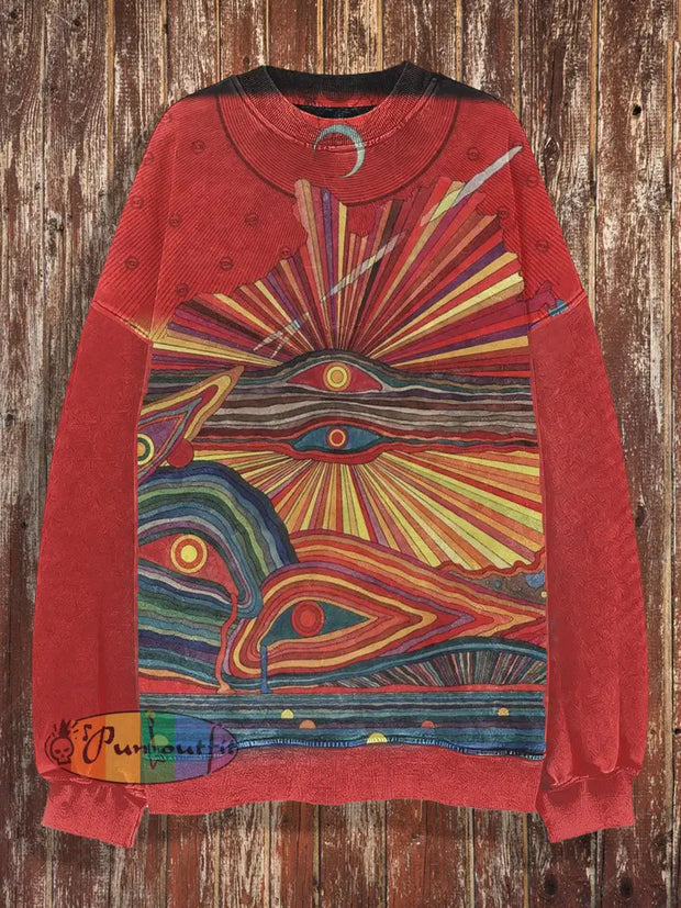 Unisex Abstract Sunset Print Halloween Crew Neck Casual Sweatshirt Red / S