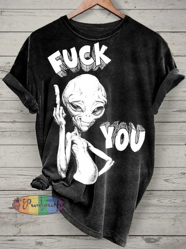 Unisex Alien Printed Vintage Fashion Loose Short Sleeve T-Shirt Black / S