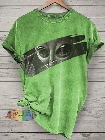Unisex Alien Printed Vintage Fashion Loose Short Sleeve T-Shirt Green / S