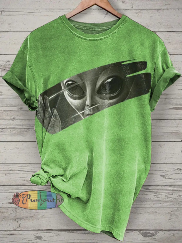 Unisex Alien Printed Vintage Fashion Loose Short Sleeve T-Shirt Green / S