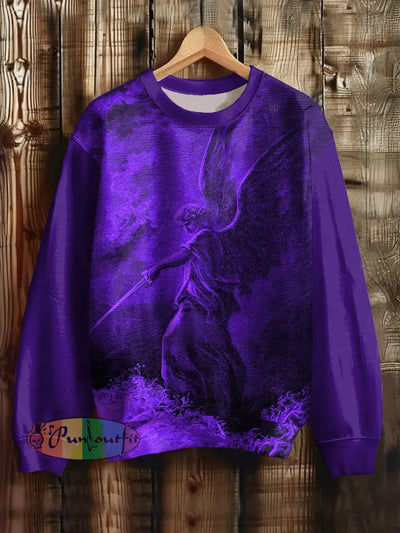 Unisex Angel Print Punk Crew Neck Casual Sweatshirt Purple / S