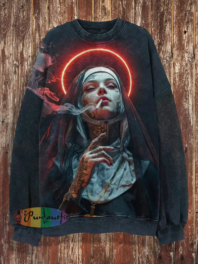 Unisex Bad Nun Christmas Print Crew Neck Casual Sweatshirt Black / S