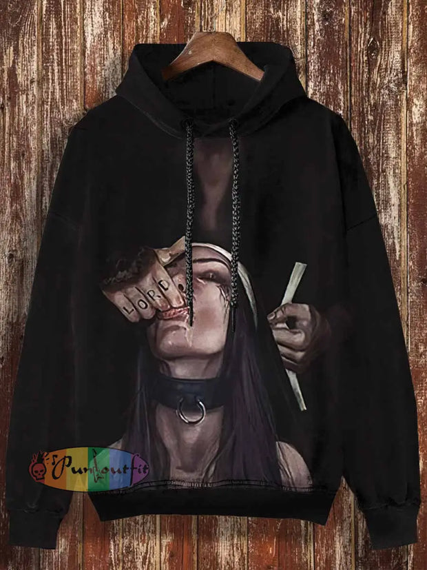 Unisex Bad Nun Print Halloween Casual Hooded Sweatshirt Black / S