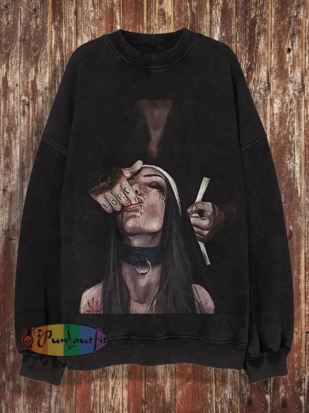 Unisex Bad Nun Print Halloween Crew Neck Casual Sweatshirt Black / S