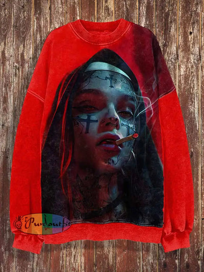 Unisex Bad Nun Print Halloween Crew Neck Casual Sweatshirt Red / S