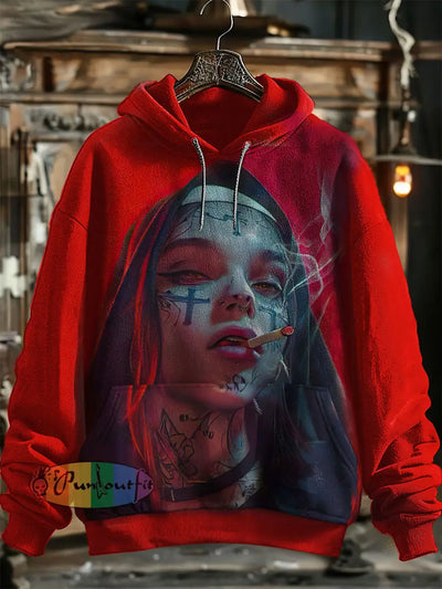 Unisex Bad Nun Print Halloween Hooded Sweatshirt With Pocket Red / S