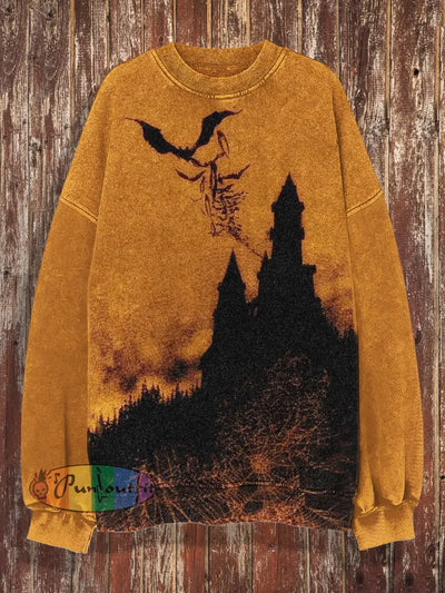 Unisex Bat Castle Print Halloween Crew Neck Casual Sweatshirt Yellow / S