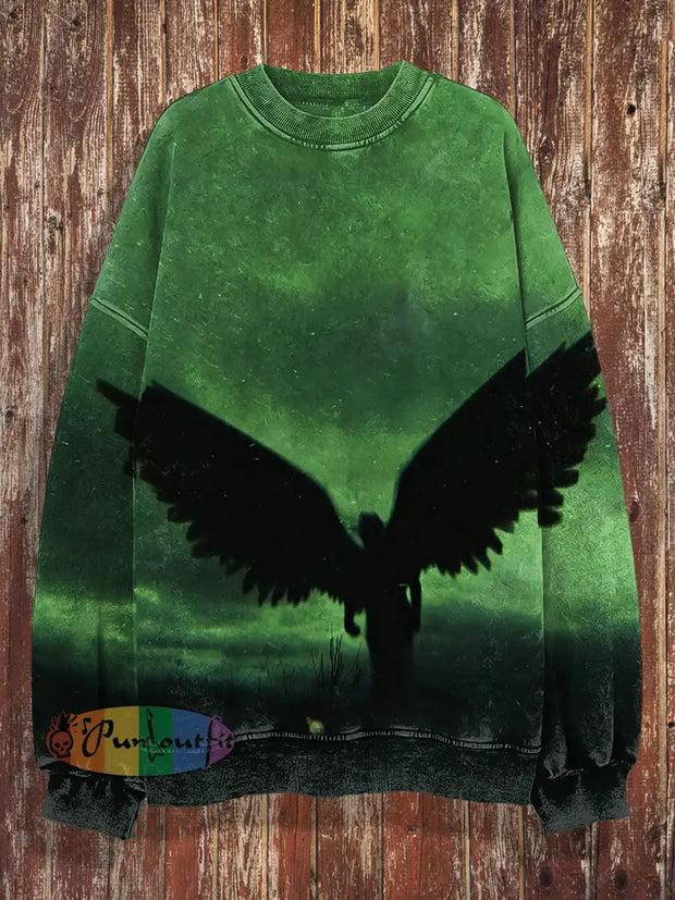 Unisex Black Angel Print Halloween Crew Neck Casual Sweatshirt Green / S