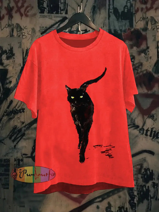 Unisex Black Cat Art Illustration Print Casual Cotton Short Sleeve T-Shirt Red / S