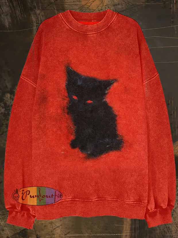 Unisex Black Cat Print Crew Neck Casual Sweatshirt Red / S