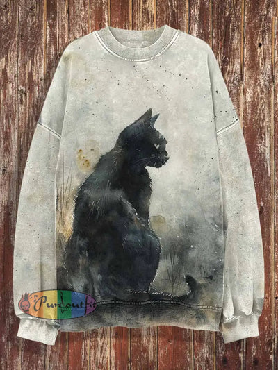 Unisex Black Cat Print Halloween Crew Neck Casual Sweatshirt Colorful / S