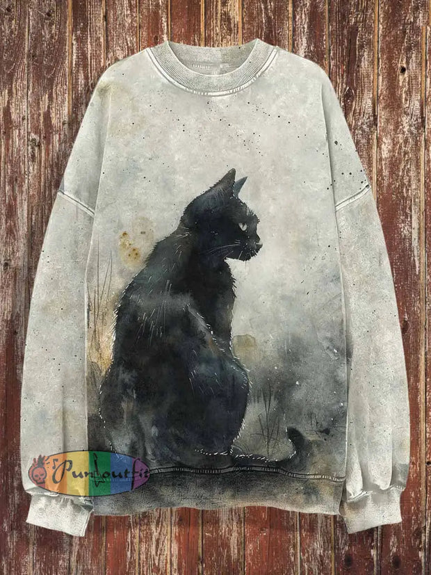 Unisex Black Cat Print Halloween Crew Neck Casual Sweatshirt Colorful / S