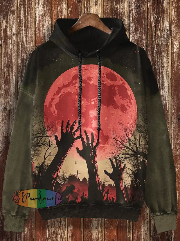 Unisex Blood Moon Print Halloween Casual Hooded Sweatshirt Black / S