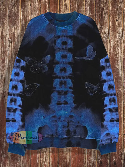 Unisex Bone Butterfly Print Round Neck Casual And Fashionable Long Sleeved Sweatshirt Blue / S