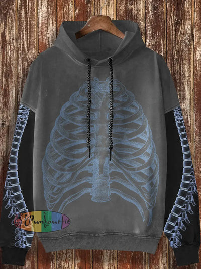 Unisex Bone Pattern Design Retro Print Casual Loose Long Sleeved Hooded Sweatshirt Dark Grey / S