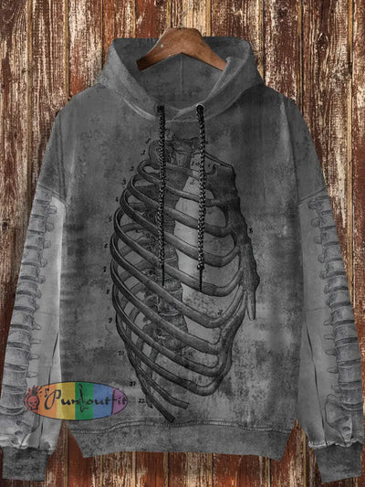 Unisex Bone Pattern Design Retro Print Casual Loose Long Sleeved Hooded Sweatshirt Gray / S